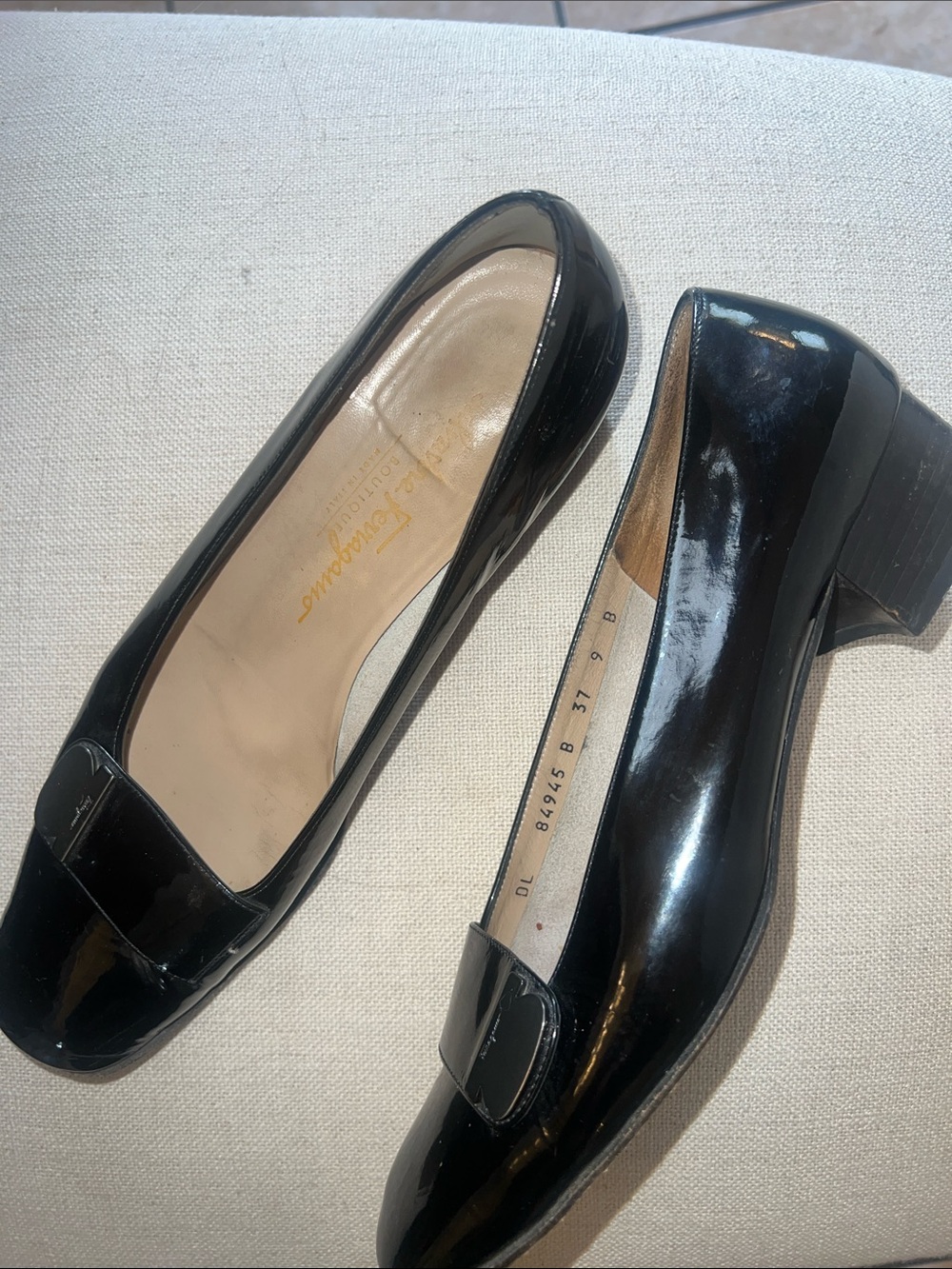 Salvatore Ferragamo Black Patent Leather Block Heel Loafers 9M